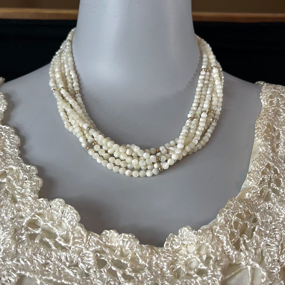 ZOE B 14k Gold and White Bead Multi Strand Necklace